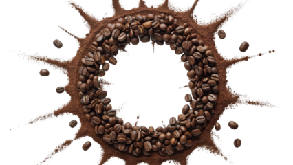 Roasted coffee beans and ground powder forming a dynamic circular splash frame isolated on transparent background