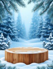 Wooden christmas product podium fresh snow amid blurred pine trees gentle snowfall, peaceful winter forest backdrop ideal for seasonal, holiday product card podium copy space marketplace background