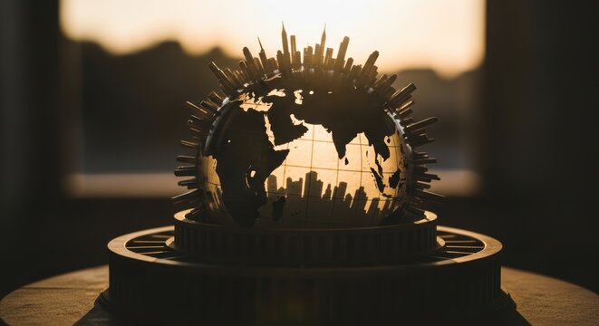 Globe Sculpture with Spikes Against a Blurred Background at Sunset.
