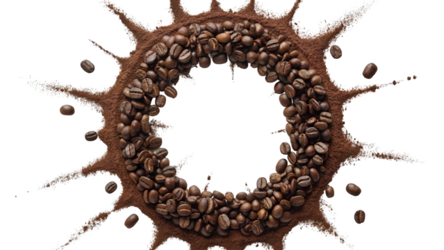Roasted coffee beans and ground powder forming a dynamic circular splash frame isolated on transparent background