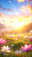 Obraz premium Vibrant Field of Wildflowers Bathed in Golden Sunset Light