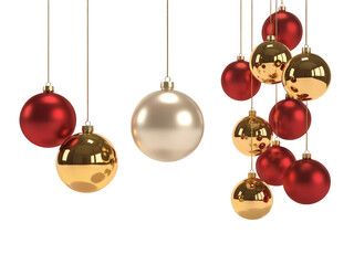 Shiny red gold and silver Christmas ornaments hanging elegantly for festive holiday celebrations isolated on transparent background