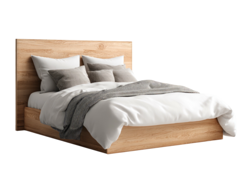 Modern light wood bed with white linens and gray pillows