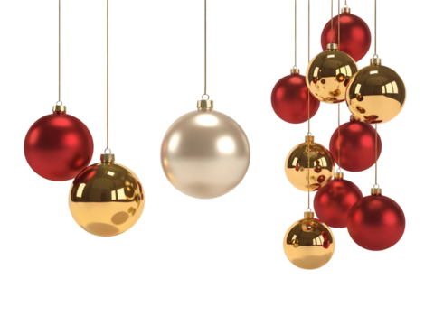 Shiny red gold and silver Christmas ornaments hanging elegantly for festive holiday celebrations isolated on transparent background