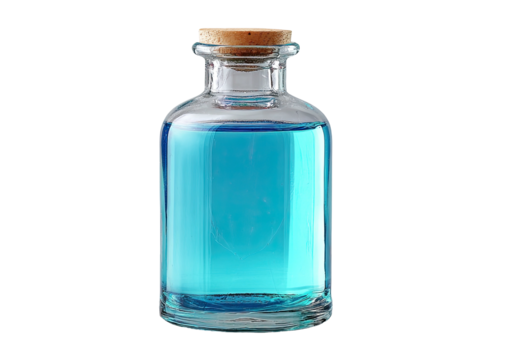 Small clear glass bottle filled with bright blue liquid