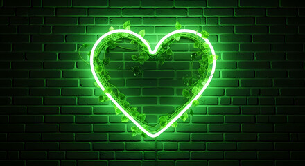 Glowing Green Neon Heart on Dark Brick Wall - Vibrant Abstract Love Symbol