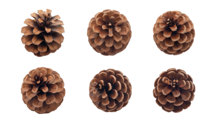  Six natural brown pinecones showcasing various angles and textures isolated on transparent background.png