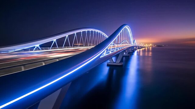 Modern bridge illuminated at night with streaking car lights over water