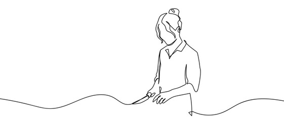 A woman uses a knife to cook, one continuous line. simple outline vector illustration. Editable stroke.