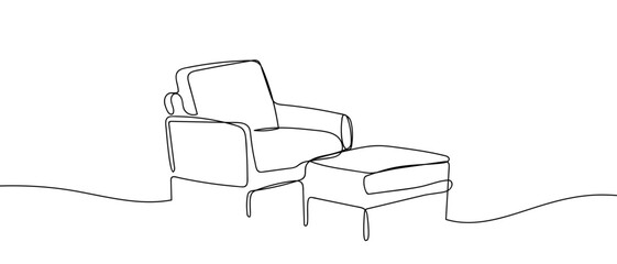 Sofa and footstool, one continuous line simple outline vector illustration. Editable stroke.