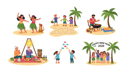 Island Moments: A collection of vibrant illustrations showcasing various island activities, from lively dances and friendly gatherings to festive barbecues and heartwarming new year celebrations. 