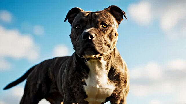 American Bully Dog Stance Posing Outdoors Under Blue Sky