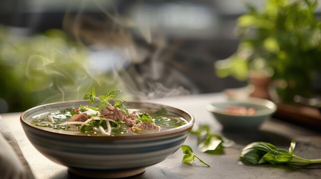 Holy basil-infused pho with fresh herbs and thinly sliced beef.