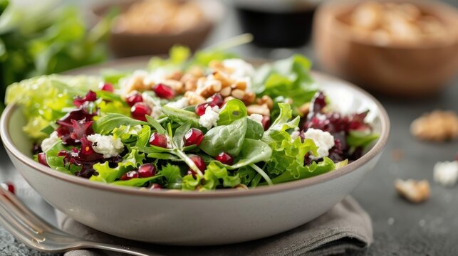 A salad with mixed greens, roasted hazelnuts, goat cheese, and pomegranate arils.