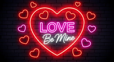 Romantic Neon Love Heart Sign on Brick Wall - Be Mine Glow for Valentine's Day