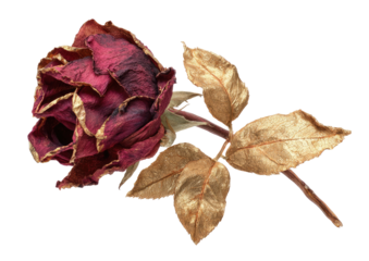 Withered red rose with gold-edged leaves, dramatic decay