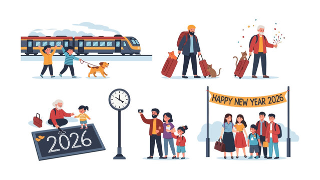 New Year's Travel Set: Illustrative scenes of people embarking on travel, featuring themes of trains, pets, festive celebrations and family joy, capturing the excitement of New Year's travel