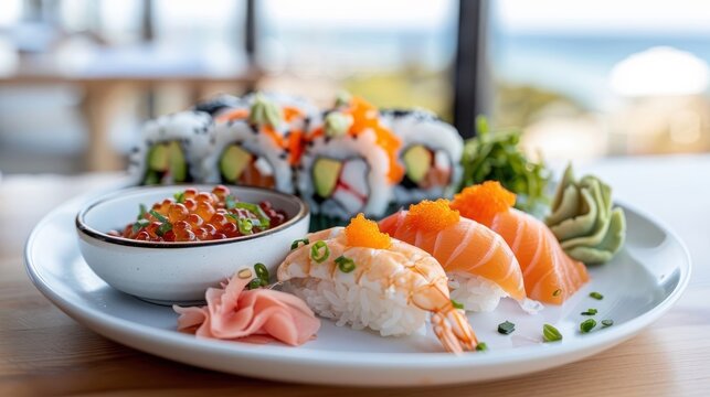 A colorful sushi platter with a bowl of tangy seafood sauce. - Powered by Adobe