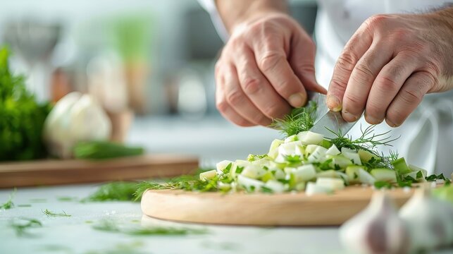 Chef preparing fennel in a sophisticated dish, focusing on its texture and visual appeal in a dynamic cooking shot.