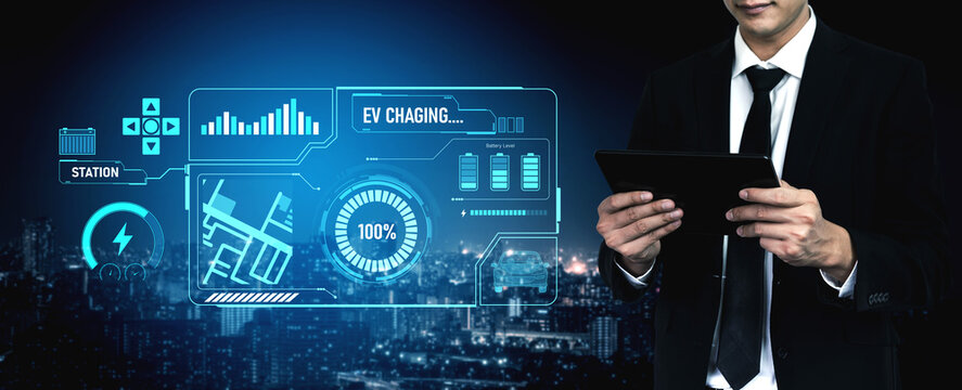 Charging interface for electric vehicles showing real-time battery level, charging status, power output, station location, and navigation for efficient energy management Vouch - Powered by Adobe