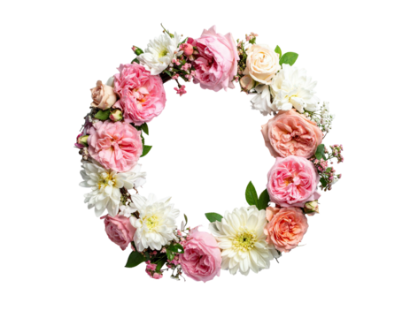 Flower wreath pink, peach, white blooms on black background