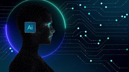 Futuristic AI brain with neural network processing data and glowing circuit board technology backdrop - Powered by Adobe