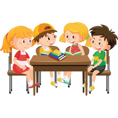 Four Diverse Young Children Sitting Together At A Wooden Table Learning And Reading Books Smiling And Interacting In A Classroom Setting With A White Background