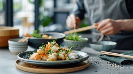 Ponzu sauce used as a dip for tempura, served on a rustic plate with dipping bowls and chopsticks.