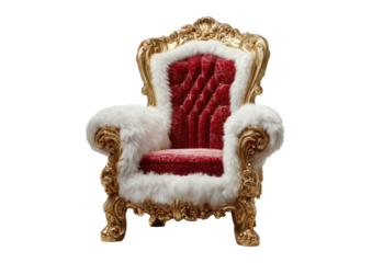 Elaborate throne gold frame, red velvet, white fur trim