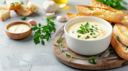 Alfredo sauce served as a dip with garlic breadsticks on a rustic wooden board.