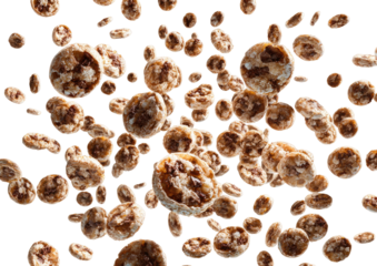 Floating, brown, circular cereal pieces on a black backdrop