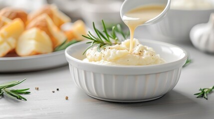 Gravy as a classic accompaniment to mashed potatoes, generously poured and garnished with rosemary.