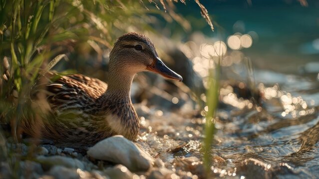 A female mallard duck resting on a pebbled lakeshore, with sunlight sparkling on the water. Concept Female mallard resting, Pebbled lakeshore, Sunlit water sparkle, Tranquil wildlife moment