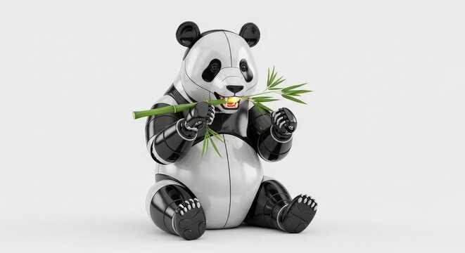 Robot Panda Eating Bamboo 3D Rendering Artificial Intelligence Futuristic Design Wildlife Technology Mechanical Animal
