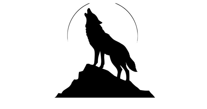 a silhouette of a wolf standing on a rocky ledge, with a circular silhouette behind itanimal, black, coyote, illustration, profile, stand, stone, wolf 