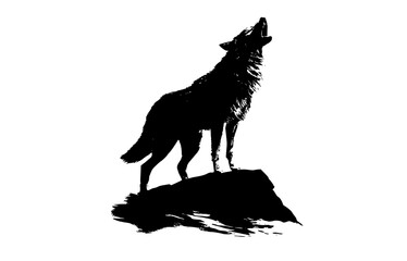 a black and white silhouette of a wolf standing on a rock, roaringanimal, black, coyote, profile, stand, stone, white, wolf 