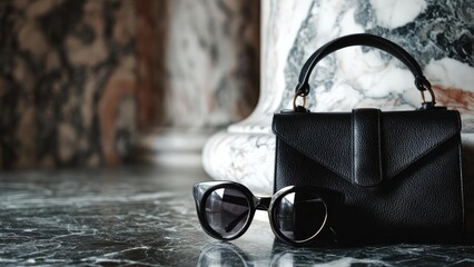 Black textured handbag with a top handle beside a pair of round sunglasses on a marble surface. Concept Black textured handbag, Top-handle bag, Round sunglasses, Marble surface, Fashion accessories