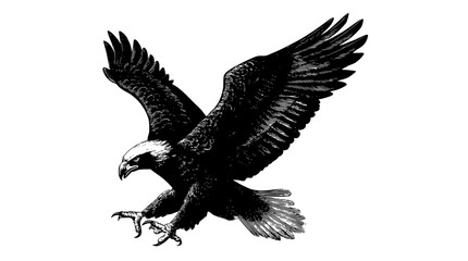 a black and white drawing of an eagle in flightbird, black, claw, crow, eagle, flap, flight, fly, sky, spread, white, wing 