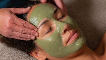 Person relaxing with a green clay facial mask during a spa treatment. Concept Spa relaxation with a green clay facial mask, Green clay mask skincare routine, Tranquil spa treatment and self-care