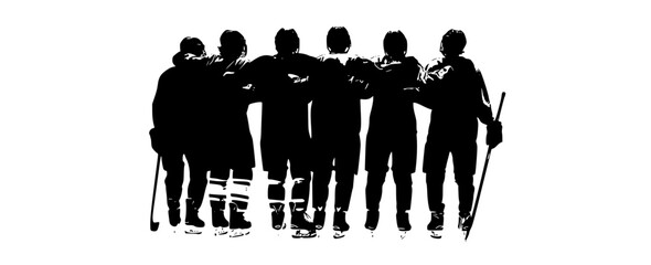 a group of silhouettes of hockey players standing in a circleblack, cane, illustration, man, person, profile, ski, ski equipment, ski pole, skier, stand 