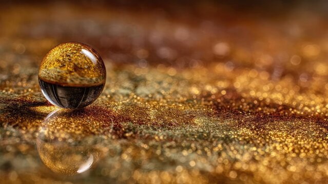A glass marble sits on a gold glittery surface, its reflection glimmering among the warm bokeh. Concept Glass marble close-up, Gold glitter surface, Warm bokeh reflections, Reflective macro texture