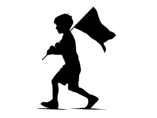 a silhouette of a boy walking with a flagblack, boy, catch, child, flag, man, profile, umbrella, walk, wave 