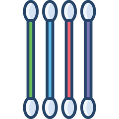 Four Colorful Cotton Swabs Lined Up With White Cotton Tips and Blue Outline on a Transparent Background