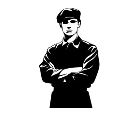 a black and white silhouette of a soldier with crossed armsarm, beret, black, cross, illustration, man, stand, uniform, wear 