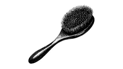 a black and white drawing of a wooden spoon with a brush headblack, brush, comb, hairbrush 