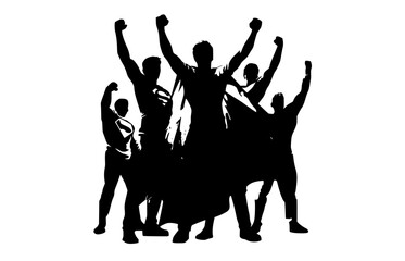 a silhouette of a group of men celebrating with their arms raised in triumpharm, black, cheer, dance, dancer, hand, individual, man, person, profile 