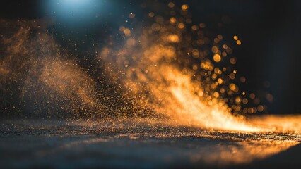 A shower of orange sparks and embers erupting on a dark surface, like welding or grinding, with glowing bokeh in the background. Concept Orange sparks and embers, Welding or grinding glow