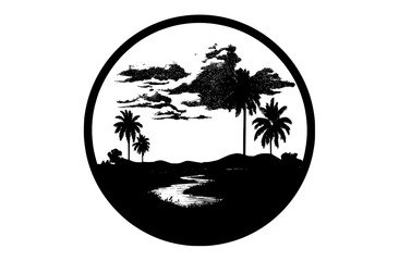a black and white illustration of a tropical landscape featuring palm trees and a riverblack, cloud, cloudy, image, landscape, oval, palm tree, photo, sea, sky, water, white 