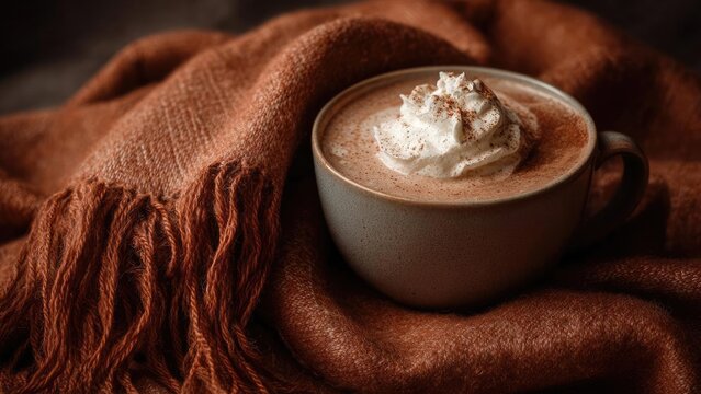 A mug of hot chocolate topped with whipped cream and a dusting of cocoa, resting on a cozy brown blanket. Concept Hot chocolate with whipped cream, Cocoa dusting, Cozy brown blanket, Winter warmth