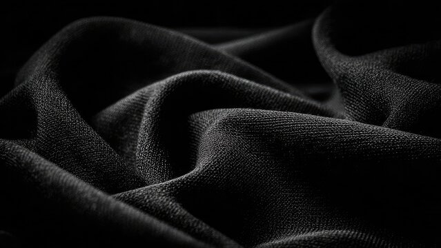 Close-up of black fabric with dramatic folds and a fine, grainy texture. Concept Close-up of black fabric with dramatic folds, Fine grain texture and high-contrast shadows - Powered by Adobe